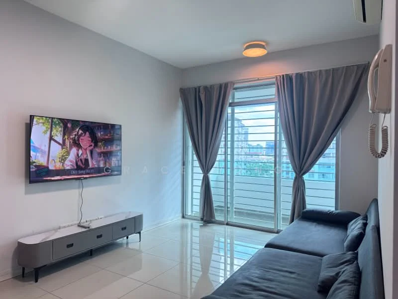 Living features: black fabric sectional sofa, wall-mounted TV, white TV console, floor-to-ceiling windows, sheer curtains, grey curtains, recessed ceiling light, glossy tile flooring, air conditioning unit; style: modern; view: city.