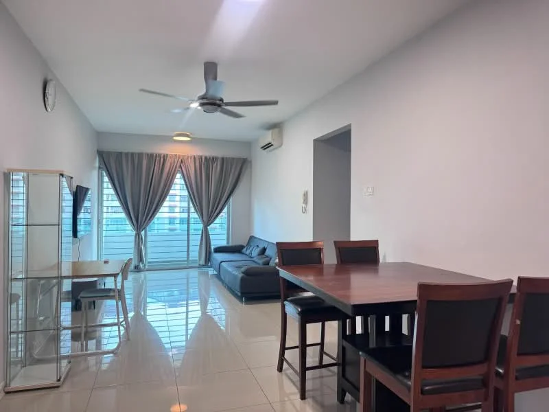 Living features: 3-seater fabric sofa in grey, coffee table, wall-mounted TV, dining table with 6 chairs, ceiling fan, floor-to-ceiling windows, curtains, tile flooring, air conditioning unit, wall clock; style: modern; view: city.
