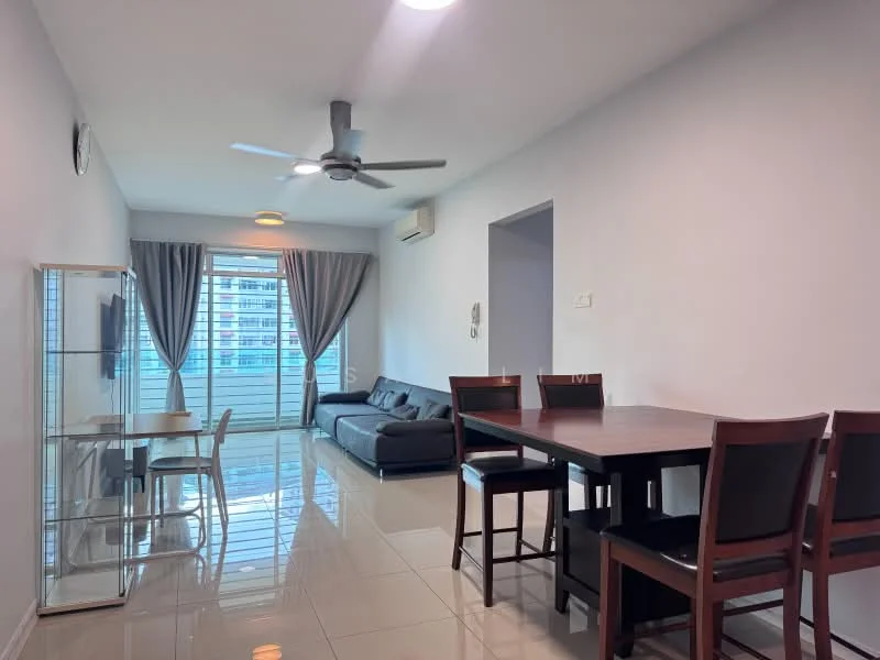 Living features: grey fabric sofa, 4-seater dining table, wooden dining chairs, glass display cabinet, wall-mounted TV, floor-to-ceiling windows, sheer curtains, recessed downlights, ceiling fan, polished tile flooring, air conditioning unit, decorative wall clock; style: modern; view: city.