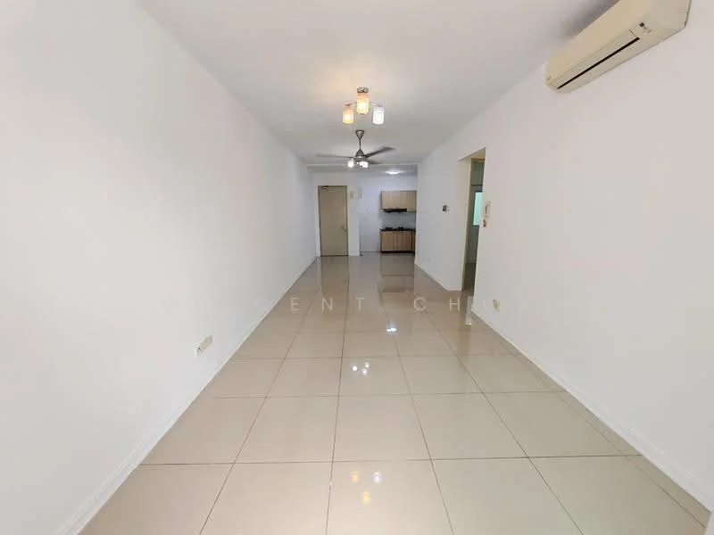 Living features: white painted walls, glossy ceramic tile flooring, 5-blade ceiling fan with light, recessed downlights, wall-mounted split AC, doorway leading to other rooms, neutral color scheme, open layout; style: modern.