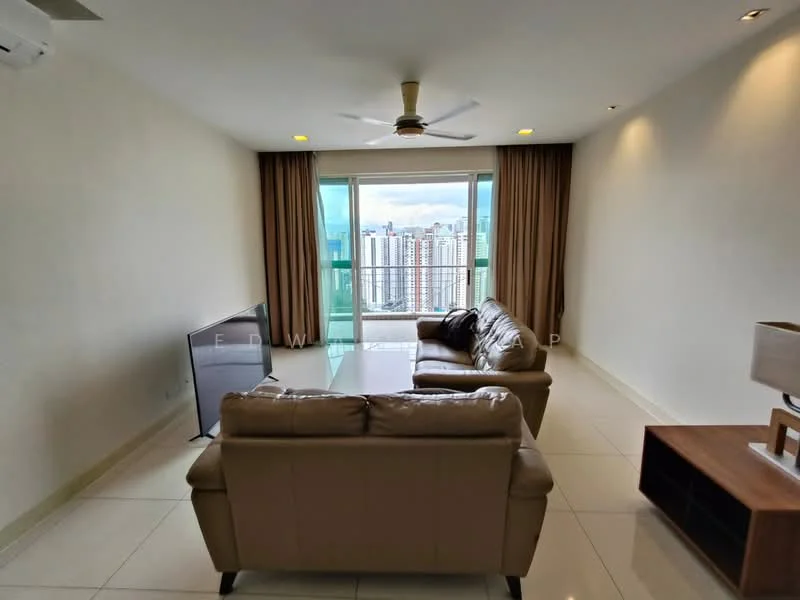 Living features: 3-seater leather sofa in beige, 2-seater leather sofa in beige, coffee table, wall-mounted TV, floor-to-ceiling windows, curtains in brown, ceiling fan, recessed downlights, white painted walls, glossy tile flooring; style: modern; view: city.