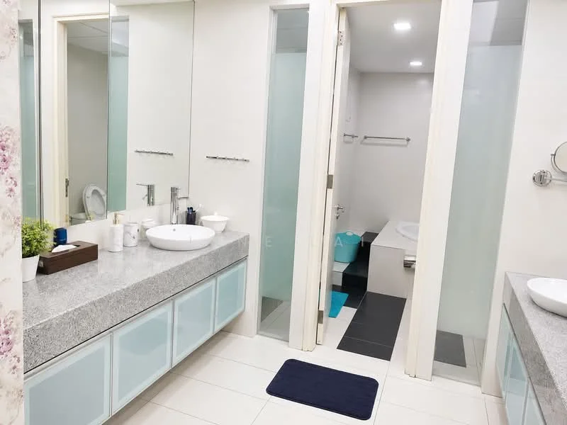 Bathroom features: double-sink vanity with grey granite countertop, white ceramic sinks, chrome basin mixers, framed mirror, glass shower enclosure, bathtub, white tiled walls, light grey tiled flooring, recessed downlights, towel rack, sliding glass door, blue bath mat; style: modern.