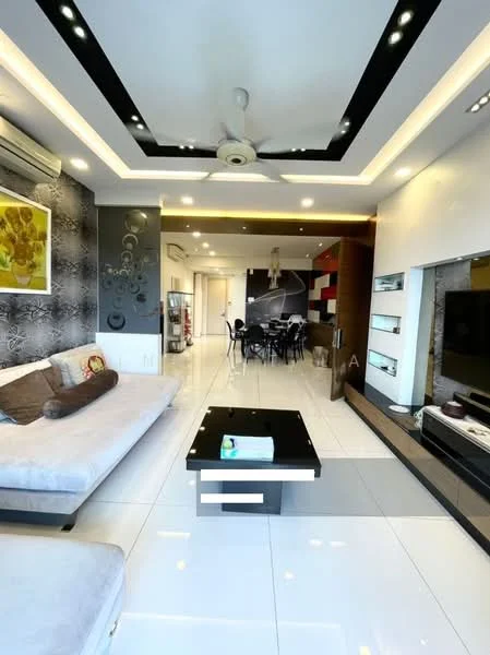 Living features: white tiled flooring, grey accent wall with floral pattern, feature wall with built-in shelves, sofa with decorative cushions, coffee table with black surface, 5-blade ceiling fan with light, recessed downlights, wall-mounted TV, decorative artwork, open dining area in background, sliding glass door, air conditioning unit; style: modern.