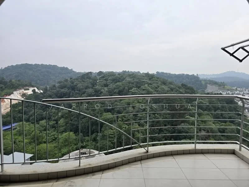 Room features: balcony, metal railing, tiled flooring, mountain view, greenery view, open space, overhead awning; view: mountain.