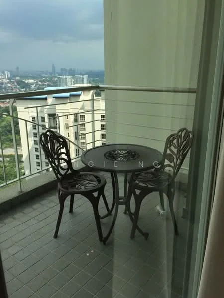Balcony features: metal railing, round table, two decorative chairs, grey tiled flooring, city skyline view; style: modern; view: city.