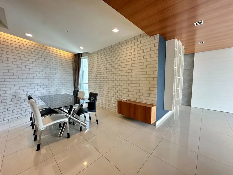 Dining features: glass dining table, 6 upholstered dining chairs in black and white, white painted walls, exposed brick accent wall, wooden ceiling with recessed lighting, large window with sheer curtains, polished ceramic tile flooring, wooden sideboard; style: modern.