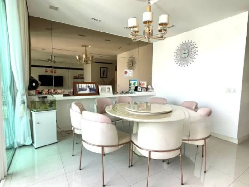 Dining features: round dining table, upholstered dining chairs in light pink, chandelier with multiple lights, large windows with sheer curtains, white walls, marble flooring, decorative wall clock, mirror wall, sideboard with decorative items; style: modern; view: garden.