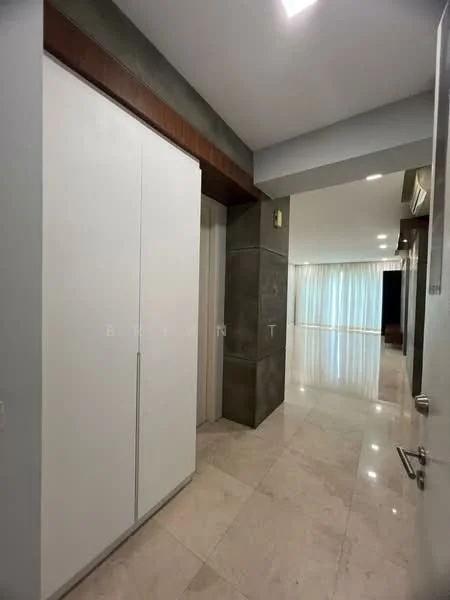 Room features: white built-in wardrobe, grey accent wall, marble tile flooring, recessed downlights, floor-to-ceiling windows with sheer curtains, open space layout, neutral wall color, high ceiling; style: modern.