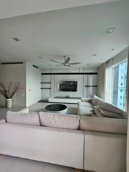 Living features: L-shape sectional sofa in light beige, round coffee table with black top, wall-mounted TV, built-in cabinetry with white finish, recessed downlights, 5-blade ceiling fan with light, floor-to-ceiling windows with sheer curtains, light-colored tiled flooring, decorative plant in white pot; style: modern; view: city.