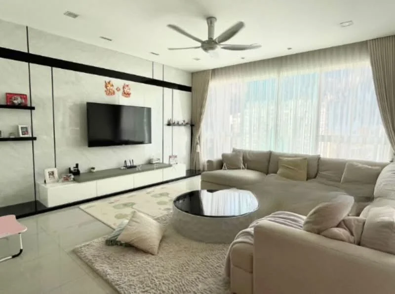 Living features: L-shape sectional sofa in light beige, coffee table with round glass top, area rug with soft texture, wall-mounted flat-screen TV, white media console, floor-to-ceiling windows with sheer curtains, ceiling fan with light, decorative wall panels, wall-mounted shelves, decorative artwork, natural light from windows; style: modern; view: city.