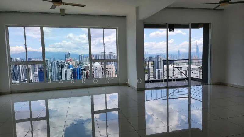 Living features: floor-to-ceiling windows, white painted walls, polished ceramic tile flooring, 2 ceiling fans, open layout, city skyline view, natural light, balcony access; style: modern; view: city.