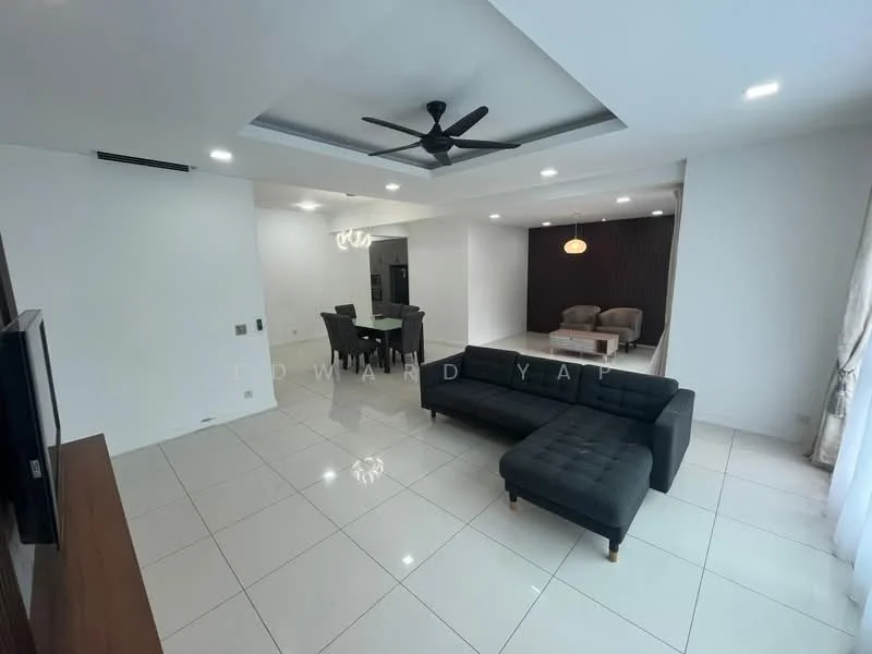 Living features: L-shape sectional sofa in dark grey, coffee table, wall-mounted TV, ceiling fan with integrated light, recessed ceiling with tray design, white painted walls, glossy white tile flooring, large windows with sheer curtains, decorative wall with dark wood paneling, area rug, open layout to dining area, dining table visible in background; style: modern.