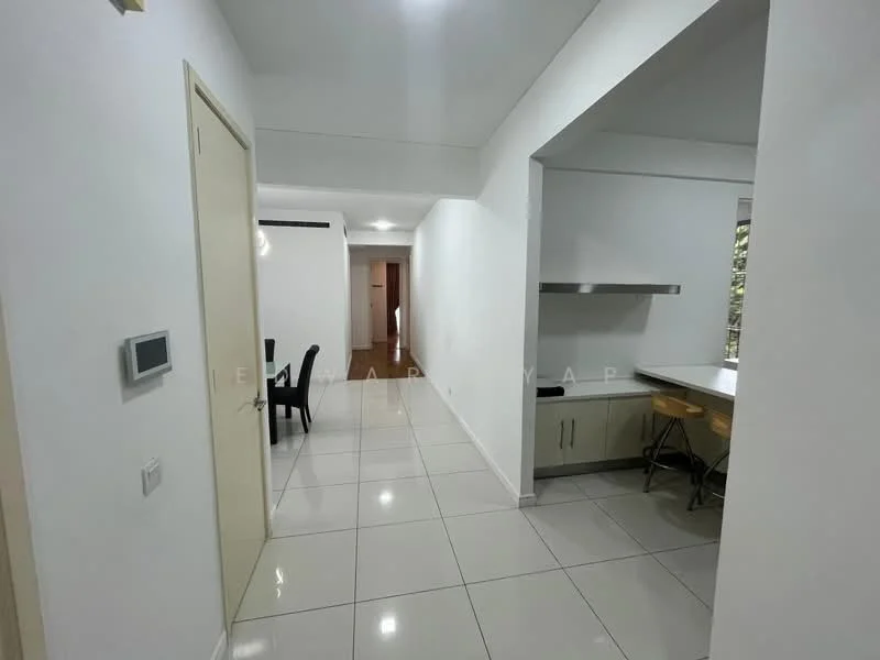 Room features: white painted walls, glossy tile flooring, recessed downlights, open kitchen layout, kitchen countertop, bar stools, doorway leading to another room, window with natural light; style: modern.
