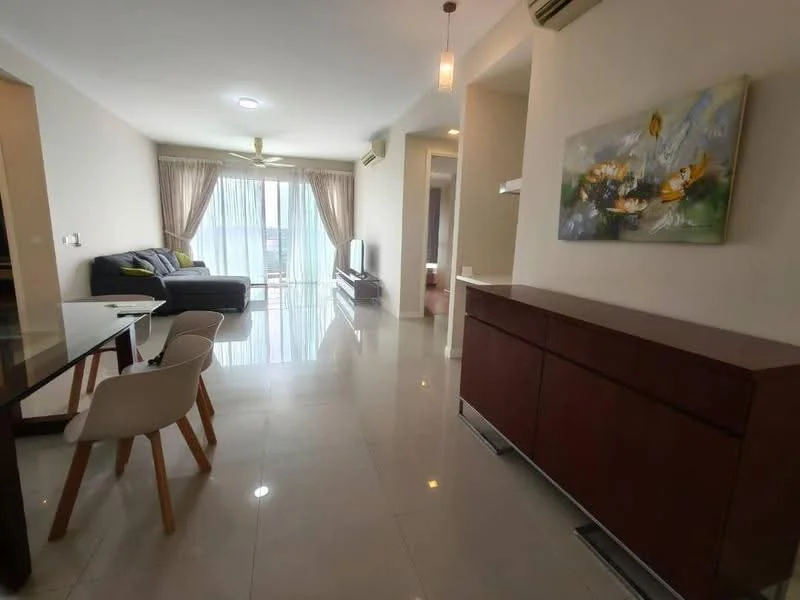 Living features: grey fabric sofa, glass coffee table, TV console, wall-mounted TV, floor-to-ceiling windows, curtains, recessed ceiling lights, marble tile flooring, decorative painting, air conditioning unit; style: modern; view: city. Dining features: glass dining table, white dining chairs, wooden sideboard, recessed ceiling lights; style: modern.