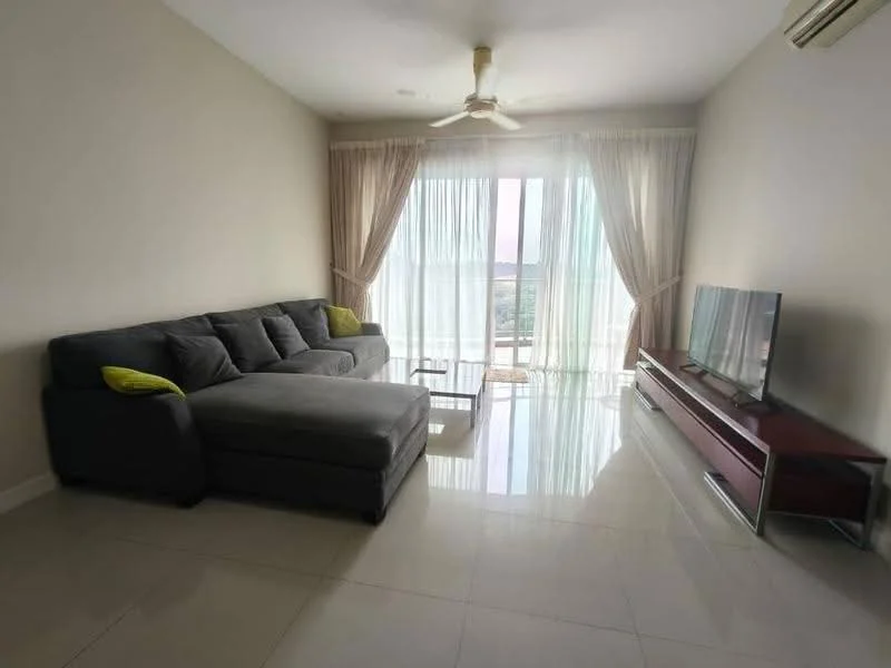 Living features: 3-seater fabric sofa in grey, chaise lounge, coffee table, wall-mounted TV, TV console in red, floor-to-ceiling windows, sheer curtains, ceiling fan, glossy tile flooring, neutral painted walls; style: modern; view: city.