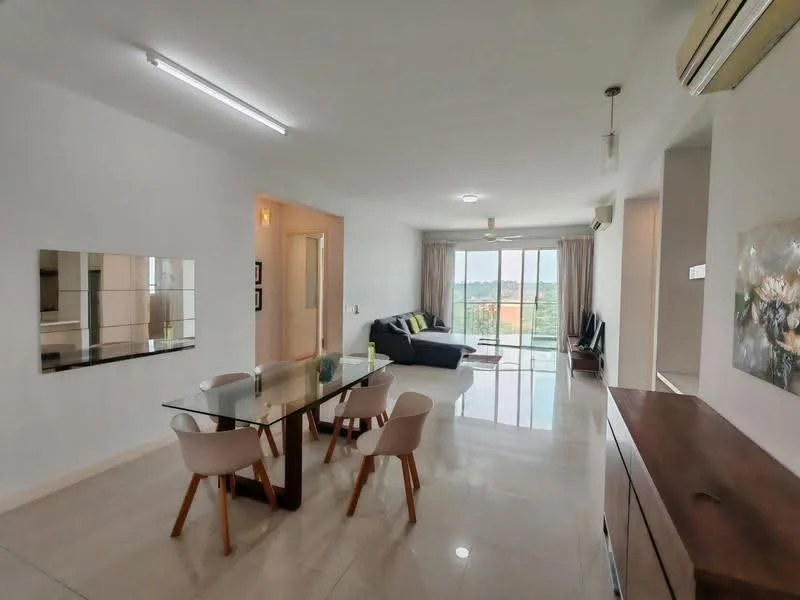 Living features: white painted walls, polished marble flooring, 5-blade ceiling fan with light, floor-to-ceiling windows, sliding glass door, grey fabric sofa, glass dining table, 4 upholstered dining chairs, decorative wall art, natural light from windows, curtains, TV console, area rug; style: modern; view: city.