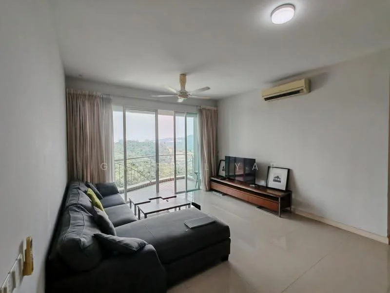 Living features: 3-seater fabric sofa in grey, ceiling fan, wall-mounted TV, TV console in wood, large sliding glass door, floor-to-ceiling windows, sheer curtains, light-colored walls, polished tile flooring, air conditioning unit; style: modern; view: mountain.
