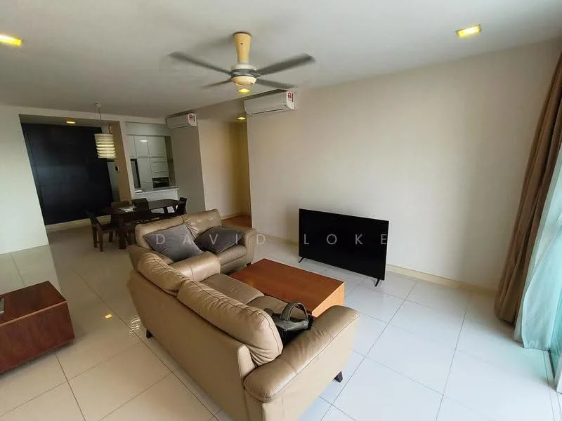 Living features: 3-seater leather sofa in beige, coffee table, wall-mounted TV, ceiling fan, 2 wall-mounted split ACs, white painted walls, glossy tile flooring, curtains, light fixtures, decorative wall panel, area rug; style: modern. Room features: open-plan layout, kitchen visible in background.