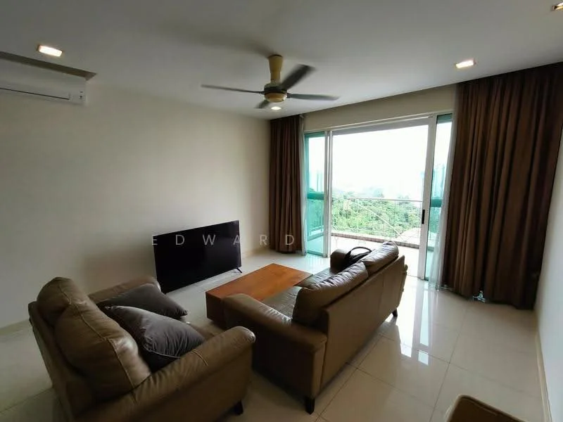 Living features: 2-seater leather sofa in brown, 3-seater leather sofa in brown, wood coffee table, wall-mounted TV, floor-to-ceiling windows, sliding glass door, curtains in brown, ceiling fan with light, white painted walls, glossy tile flooring, air conditioning unit; style: modern; view: city.
