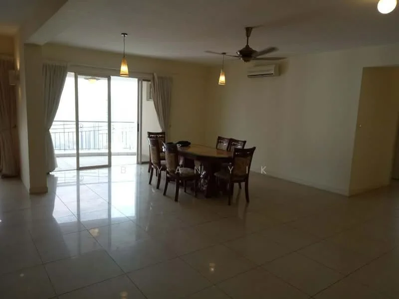 Dining features: dining table with six chairs, pendant lighting, 5-blade ceiling fan, wall-mounted split AC, sliding glass door, floor-to-ceiling windows, cream painted walls, glossy ceramic tile flooring, curtains, open layout; style: modern; view: city.