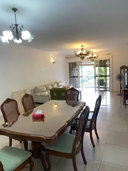 Dining features: dining table with 6 chairs, cream upholstered chairs, wooden dining table, chandelier lighting, wall sconces, white painted walls, tile flooring, sliding glass door, floor-to-ceiling windows, sofa in light color, greenery view from windows, ceiling fan; style: modern; view: garden.