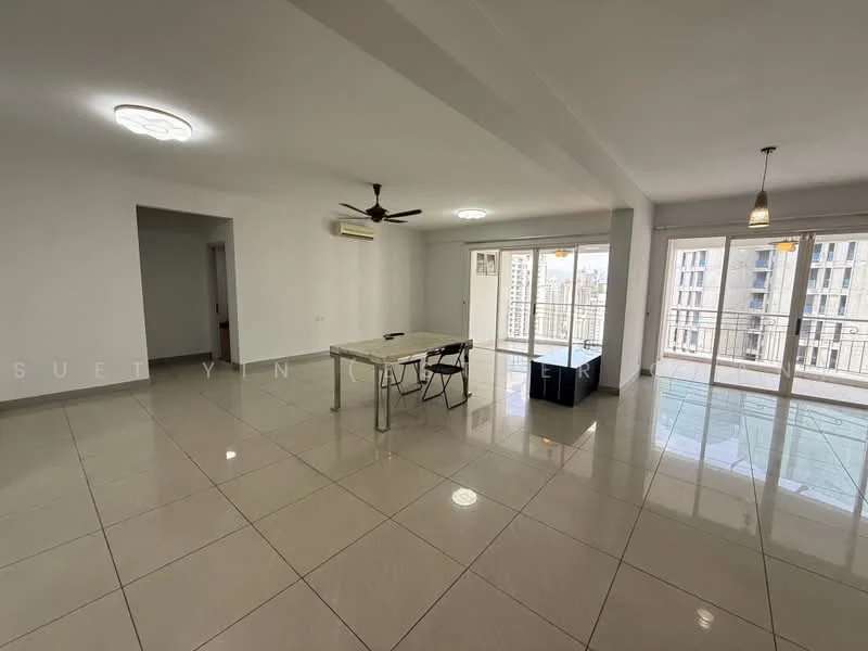 Living features: white painted walls, glossy ceramic tile flooring, 5-blade ceiling fan with light, recessed downlights, floor-to-ceiling windows, sliding glass door, balcony access, dining table with chairs, sofa, air conditioning unit; style: modern; view: city.