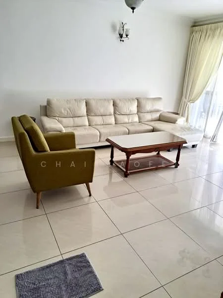 Living features: 3-seater fabric sofa in beige, 2-seater fabric sofa in olive green, wood coffee table, white sheer curtains, floor-to-ceiling windows, light-colored tiled flooring, chandelier with multiple bulbs, decorative wall, area rug in grey, wall-mounted light fixture; style: modern.