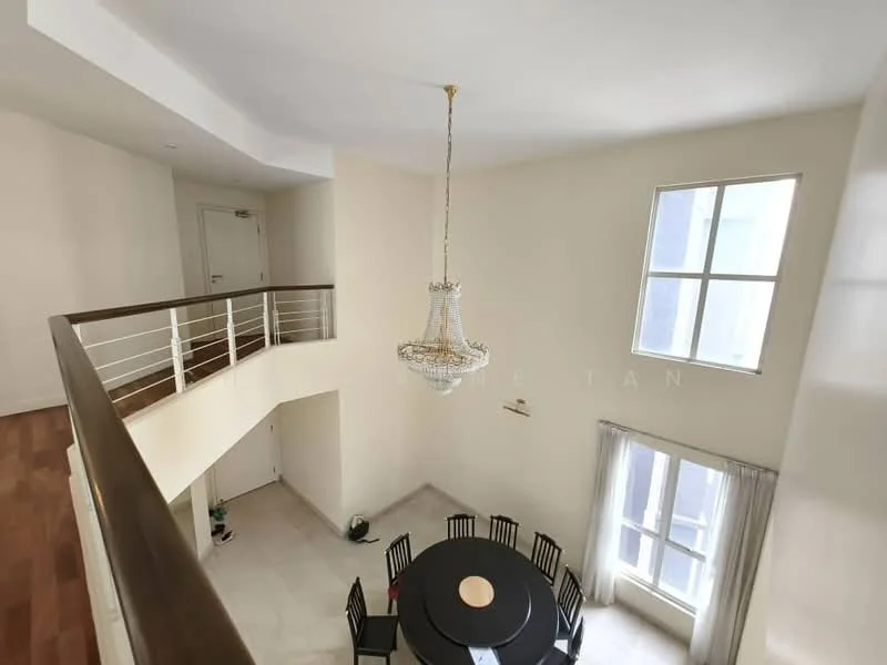 Dining features: round dining table, 8 dining chairs, chandelier, white painted walls, wooden flooring, large windows, curtains, open space, high ceiling; style: modern. Room features: white painted walls, large windows, balcony railing, open space, high ceiling.