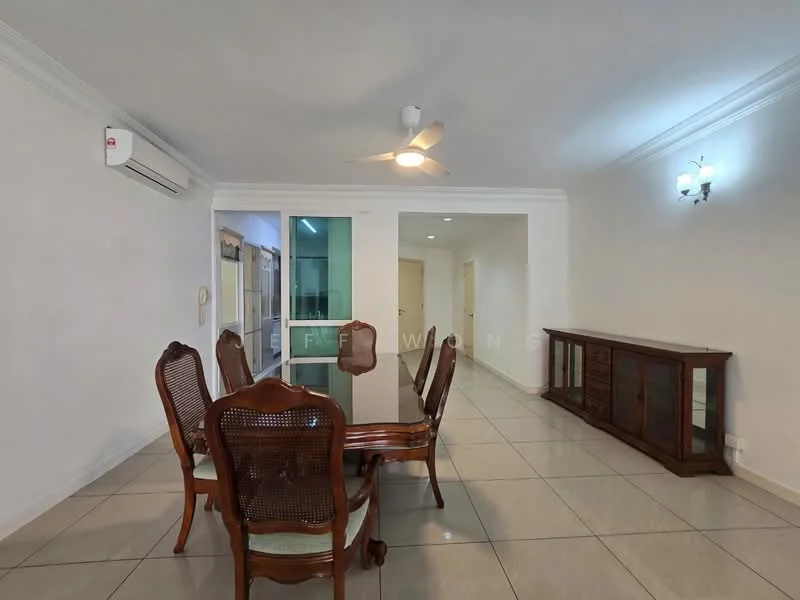 Dining features: dining table with four chairs, wall-mounted air conditioning unit, ceramic tile flooring, white painted walls, crown moulding, ceiling fan, glass sliding door, wooden sideboard cabinet, recessed lighting; style: modern. Room features: white painted walls, ceramic tile flooring, recessed lighting.