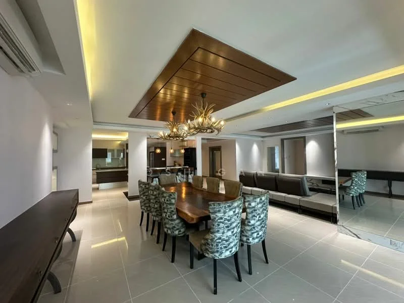 Dining features: large wooden dining table, upholstered dining chairs with patterned fabric, chandelier with antler design, wooden ceiling with recessed lighting, grey tiled flooring, mirror wall, sofa seating area in background, wall-mounted air conditioning unit; style: modern.