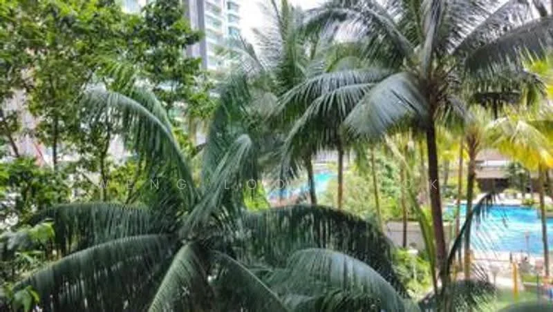 Exterior features: lush tropical landscaping, palm trees, swimming pool visible in background, manicured greenery; style: tropical-modern.