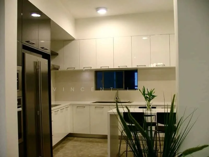 Kitchen features: white glossy cabinetry, black upper cabinets, stainless-steel refrigerator, built-in oven, double-bowl stainless-steel sink, chrome pull-down faucet, white countertop, tile backsplash, bar stools, window above sink, recessed downlights, laminate flooring; style: modern.
