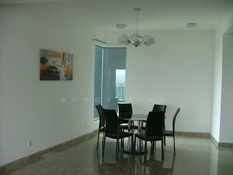 Dining features: round dining table, 6 black dining chairs, marble flooring, white painted walls, chandelier with multiple bulbs, floor-to-ceiling windows, city view, decorative artwork on wall; style: modern; view: city.