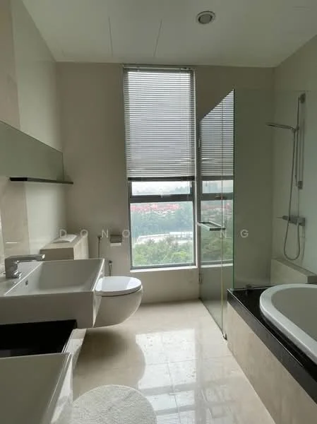 Bathroom features: single-sink vanity with white cabinet, chrome basin mixer faucet, framed mirror, one-piece toilet, walk-in shower with glass enclosure, handheld shower, freestanding bathtub, tile cladding, large window with blinds, marble tile flooring, recessed downlights; style: modern; view: city.