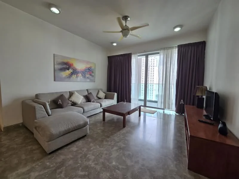 Living features: 3-seater fabric sofa in light grey, coffee table, TV console, wall-mounted TV, floor-to-ceiling windows, sheer curtains, dark purple curtains, ceiling fan, marble tile flooring, decorative artwork on wall, light fixtures in ceiling; style: modern; view: city.
