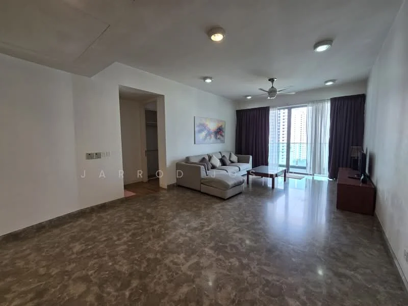 Living features: 3-seater fabric sofa in light grey, coffee table, TV console, wall-mounted TV, floor-to-ceiling windows, curtains, marble flooring, ceiling fan with light, decorative artwork on wall, light fixtures in ceiling; style: modern; view: city.