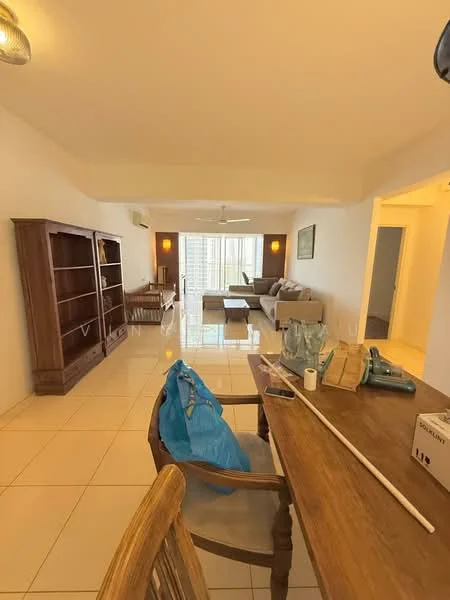 Living features: white painted walls, glossy tile flooring, 5-blade ceiling fan with light, sofa in light grey, coffee table, TV console, wall-mounted TV, decorative wall art, floor-to-ceiling windows, curtains, open shelving unit, dining table with wooden chairs; style: modern; view: city. Room features: white painted walls, glossy tile flooring, doorway leading to another room.