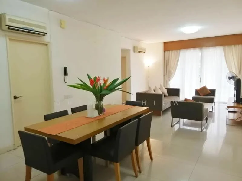 Dining features: dining table with wooden top, 6 black upholstered dining chairs, vase with flowers on table, white walls, tile flooring, wall-mounted intercom, 1 wall-mounted split AC; style: modern. Living features: 2-seater fabric sofa in grey, 1-seater fabric armchair, coffee table, floor fan, curtains, large windows with natural light, 1 wall-mounted split AC; style: modern.