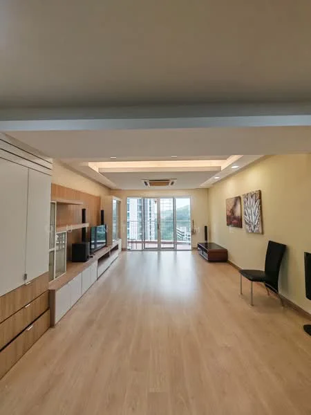 Living features: light wood laminate flooring, cream painted walls, recessed ceiling lights, 5-blade ceiling fan, built-in TV console, wall-mounted TV, large sliding glass door, floor-to-ceiling windows, decorative artwork on walls, black dining chair, open layout, natural light from windows; style: modern; view: city.