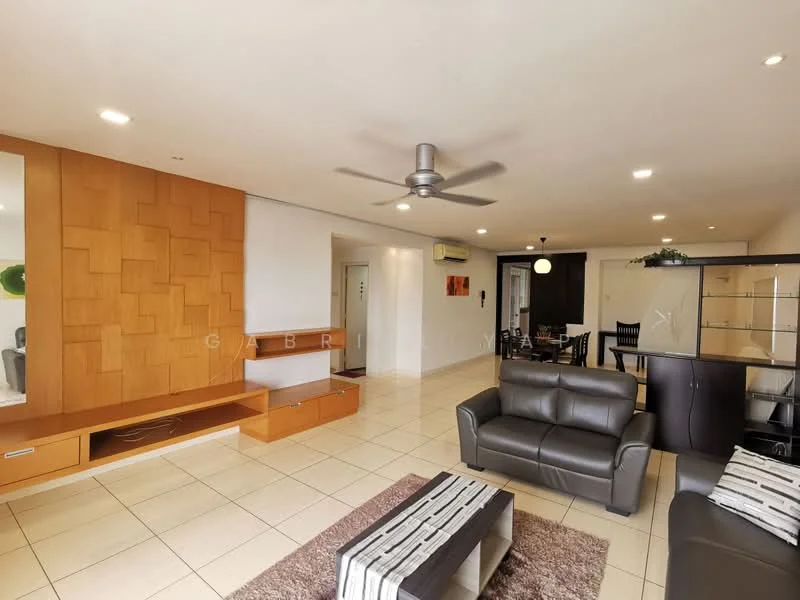 Living features: 3-seater leather sofa in dark grey, 2-seater leather sofa in dark grey, coffee table with black and white stripes, wooden feature wall with geometric pattern, ceiling fan with light, wall-mounted TV console, tile flooring, recessed lighting, open layout to dining area, large windows for natural light; style: modern. Dining features: 6-seater dining table, black dining chairs, glass display cabinet, pendant light above dining table; style: modern.