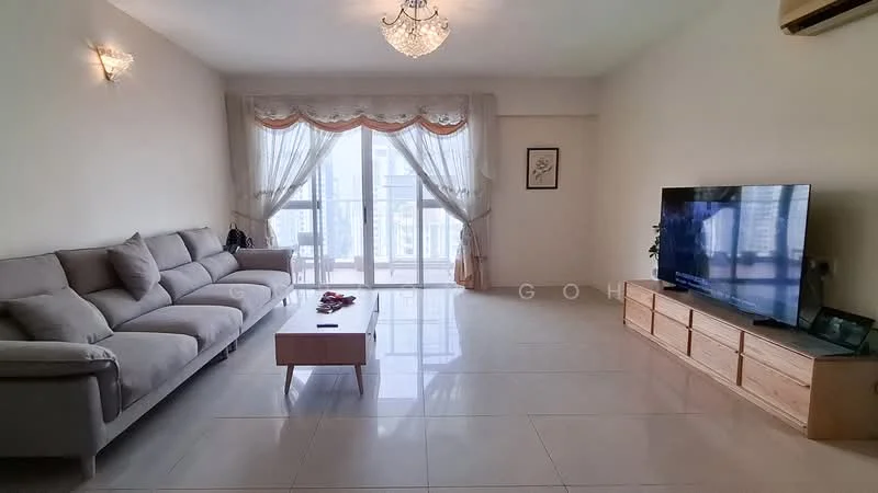 Living features: 3-seater fabric sofa in light grey, coffee table, wall-mounted TV, TV console in light wood, floor-to-ceiling windows, sheer curtains, chandelier, recessed downlights, cream painted walls, glossy tile flooring, air conditioning unit; style: modern; view: city.