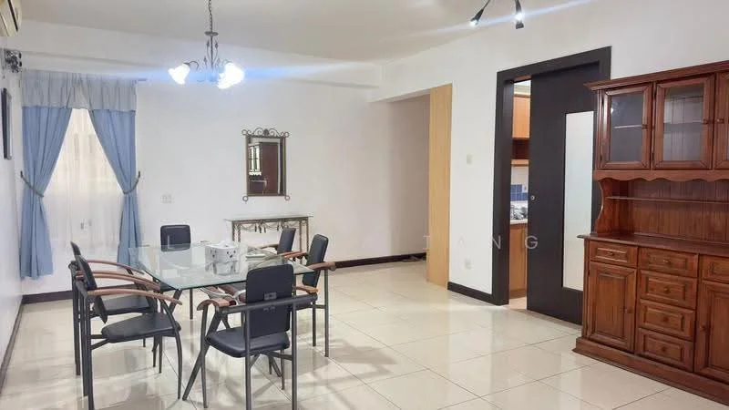 Dining features: glass dining table, black dining chairs with armrests, wooden sideboard, framed mirror, blue curtains, white painted walls, tile flooring, chandelier with multiple bulbs, recessed lighting; style: modern.