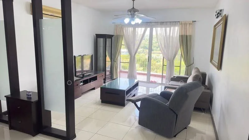Living features: grey fabric sofa, 2-seater grey sofa, glass coffee table, TV console, wall-mounted TV, floor-to-ceiling windows, sheer curtains, drapes, ceiling fan with light, white painted walls, glossy tile flooring, decorative mirror; style: modern; view: garden.
