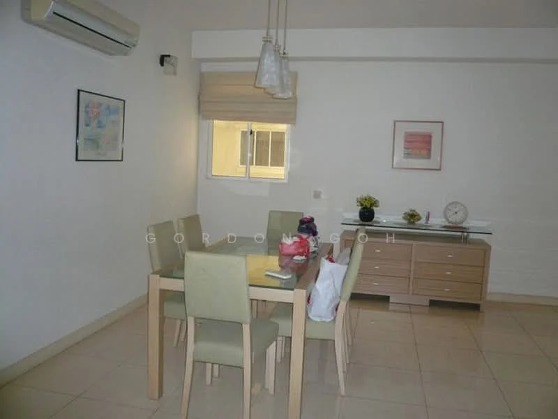 Dining features: 4-seater dining table, light wood table, upholstered dining chairs in green, wall-mounted air conditioning unit, window with blinds, cream painted walls, tile flooring, decorative wall art, sideboard cabinet, decorative vase with flowers, clock on sideboard; style: modern.