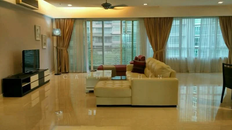 Living features: cream leather sectional sofa, red accent chair, white coffee table, black TV console, wall-mounted flat-screen TV, marble flooring, floor-to-ceiling windows, sheer curtains, drapes, ceiling fan with light, recessed downlights; style: modern.