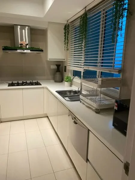 Kitchen features: white cabinetry, stainless-steel sink, chrome pull-down faucet, white countertop, built-in oven, 4-burner gas hob, stainless-steel range hood, dishwasher, tile flooring, blinds on windows, decorative plants, microwave; style: modern.