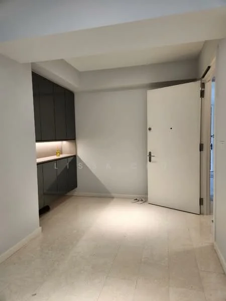 Room features: grey cabinetry, white walls, marble tile flooring, recessed lighting, white door, door handle, light switch, countertop with under-cabinet lighting; style: modern.