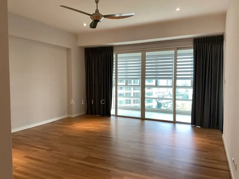 Living features: wooden flooring, 5-blade ceiling fan with light, floor-to-ceiling windows, sliding glass door, sheer curtains, blackout curtains, neutral wall colour, recessed downlights; style: modern; view: city.
