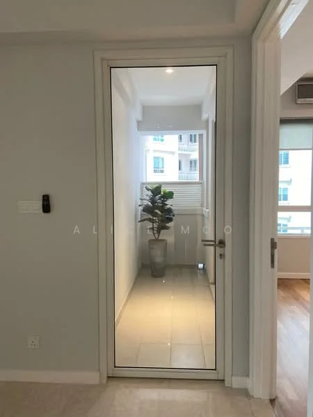 Room features: glass door, white walls, tile flooring, indoor plant in pot, natural light from windows, light-colored trim, neutral color scheme; style: modern.
