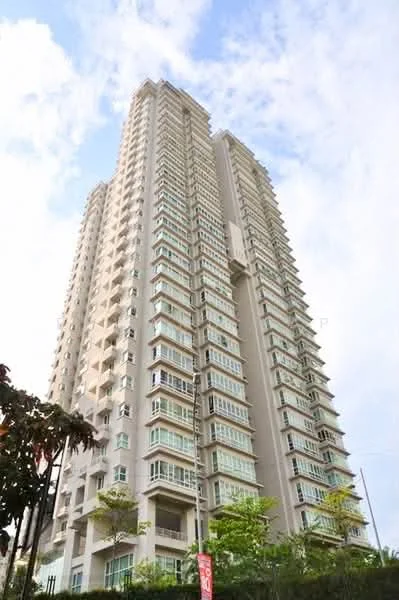 Exterior type: high-rise condominium; features: glass curtain wall, balconies with glass railings, cream painted facade, approximately 20-storey high-rise, landscaped greenery at base, multiple windows, modern architectural design; style: modern.